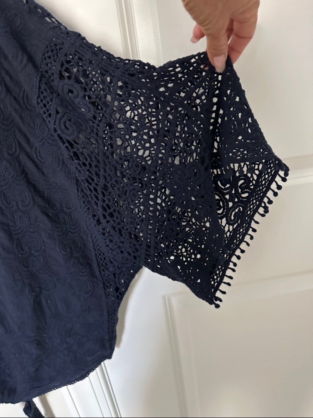 Democracy Navy Crochet Lace oversized tie front Boho Blouse - Picture 3 of 7